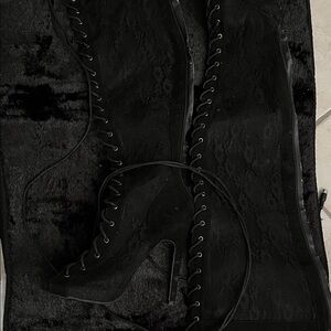 Black thigh high lace print boots